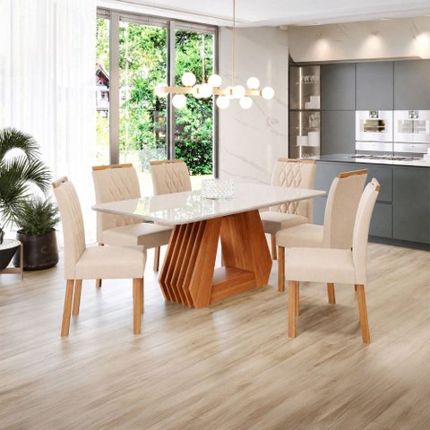 Sala de Jantar 6 Lugares Tampo de Vidro 180 cm Harper Cadeiras Madeira Maciça Cinamomo/Nude - Panora