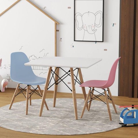 Conjunto De Mesa Madeira Infantil 68Cm Quadrado Branco 1 Cadeira Azul 1 Cadeira Rosa