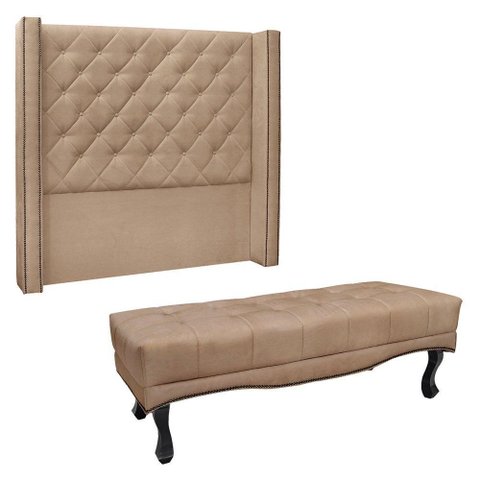 Kit Cabeceira e Calçadeira Recamier Queen 1,60m Suede Bege