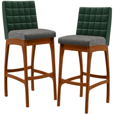 Kit 02 Banquetas Altas Sala Jantar Fixa Mila B04 Facto Verde Musgo Linho Cinza Escuro - Lyam Decor
