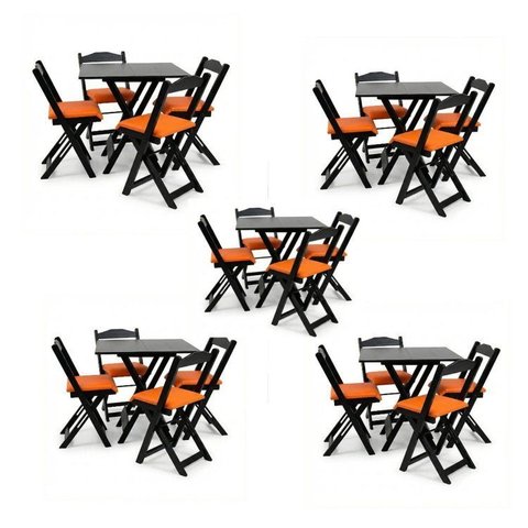 Kit 5 Jogos de Mesa Dobráveis 70x70cm com 20 Cadeiras Madeira Maciça Imbuia Preto/Laranja