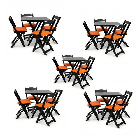 Kit 5 Jogos de Mesa Dobráveis 70x70cm com 20 Cadeiras Madeira Maciça Imbuia Preto/Laranja