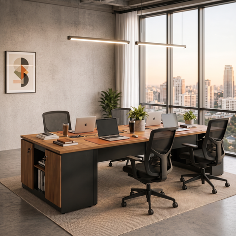 Estação de Trabalho Escritório 4 Lugares 240x120cm com Armário Yescasa Nogal/Preto