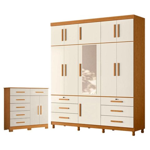Guarda Roupa Casal Triton Plus 11 Portas com Espelho e Cômoda Xangai Cinamomo Off White - Móveis Alb