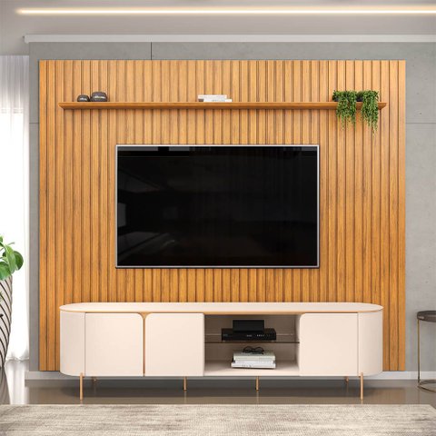 Painel TV até 75'' Ripado 275cm com Bancada Pé Metal Dourado Maragogi D04 - D'Rossi