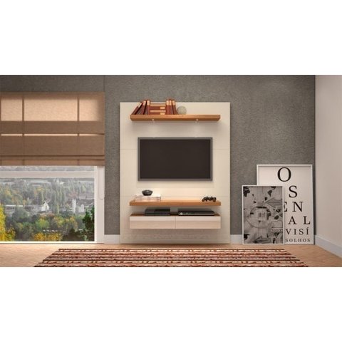 Painel Tv 55" Suspenso 1,40m com Luzes Led e Espelhos Tb106e Pradel Móveis-off White/freijó
