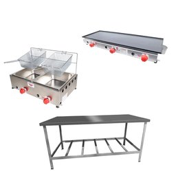 Kit Lanchonete Mesa de Manipulação 190x70cm + Fritadeira a Gás 2 Cuba + Chapa a Gás 90cm - 1