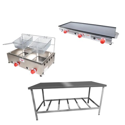 Kit Lanchonete Mesa de Manipulação 190x70cm + Fritadeira a Gás 2 Cuba + Chapa a Gás 90cm