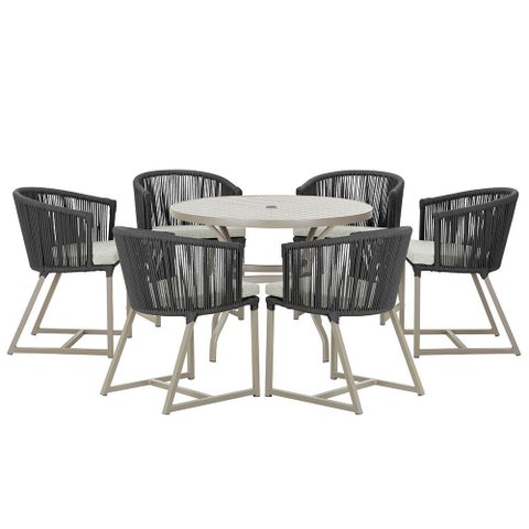 Mesa com 6 Cadeiras de Jantar Roma 120cm e Noronha em Alumínio Fendi Corda Náutica Estofado 3 Trama