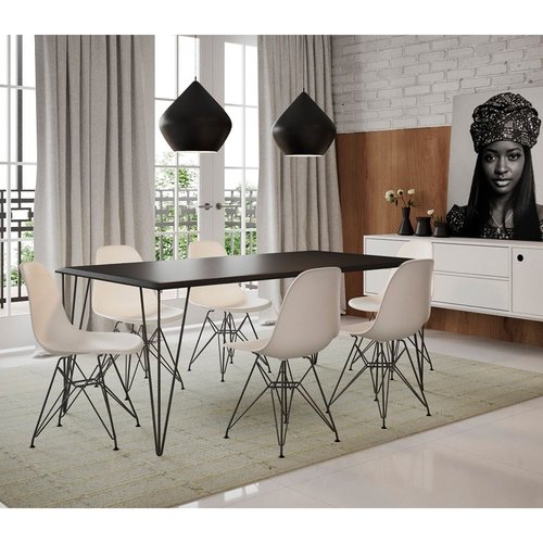Conjunto De Mesa Eames Clips De Ferro Preto Tampo Preto 135x75 6 Cadeiras Ferro Preta Assento Branco - 1