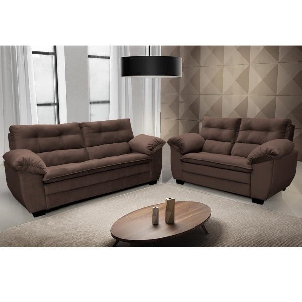Conjunto Sofá Hellen Premium 3 e 2 Lugares em Tecido Suede Gold