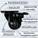 Ver imagem 2 de Kit com 6 Rodinhas Giratória Refoçada 50mm Black com Trava com Rolamento Anti Risco 280kg P/ Móveis