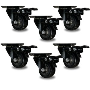 Kit com 6 Rodinhas Giratória Refoçada 50mm Black com Trava com Rolamento Anti Risco 280kg P/ Móveis