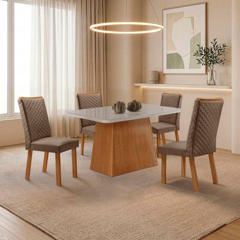 Mesa de Jantar Aida 120cm Tampo MDF e Vidro Canto Copo com 4 Cadeiras Lira Moderna Mobília