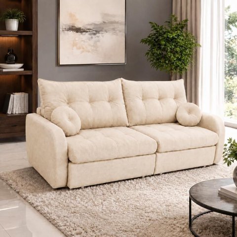 Sofá Cama Napoli 3 Lugares Retrátil 215cm Off White Linho