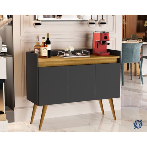 Aparador Junior Luxo 3 Portas Pés Palito Preto / Madeirado - Comprar Moveis em Casa