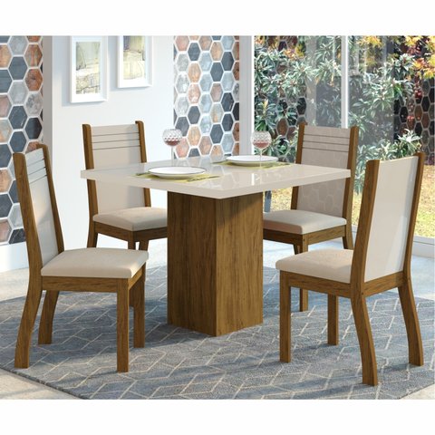 Mesa Londres Imbuia Blonde Off White c/ 4 Cadeiras Napoli Imbuia Off White Tecido Pastel