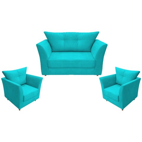 Kit Namoradeira + 2 Poltronas Decorativa Isis Suede Azul Tifany Pés Madeira Mz Decor
