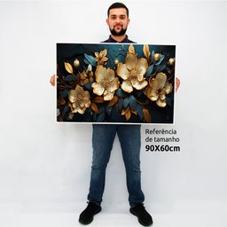 Quadro Decorativo Floral Luxo Flores Douradas em Moldura Caixa Tacolado Moldura Caixa 3cm Madeira Se - 2