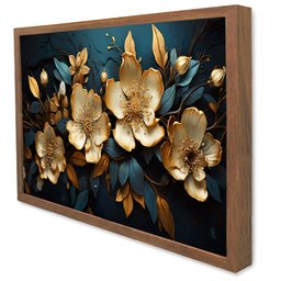 Quadro Decorativo Floral Luxo Flores Douradas em Moldura Caixa Tacolado Moldura Caixa 3cm Madeira Se - 1