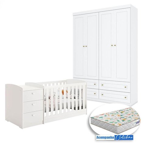 Berço Multifuncional Atlanta e Guarda Roupa Americano 4 Portas Henn Branco Fosco com Colchão Gazin -