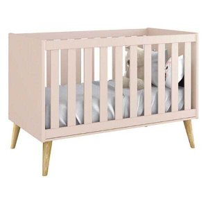 Berço Mini Cama Theo Rosa Fosco com Pés Madeira Natural - Reller Móveis