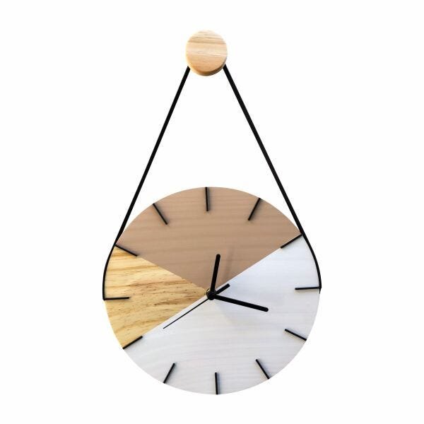 Relógio de Parede Geométrico Branco e Avelã com Alça 28cm - 1