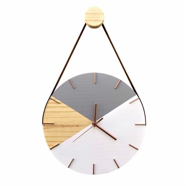Relógio de Parede Geométrico Branco e Cinza Ponteiros Rosê com Alça
