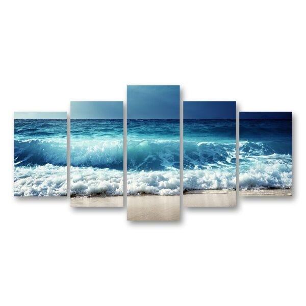 Quadro Grande 5 peças Mosaico Mar Ondas Água Oceano Natureza Areia 01 - 2