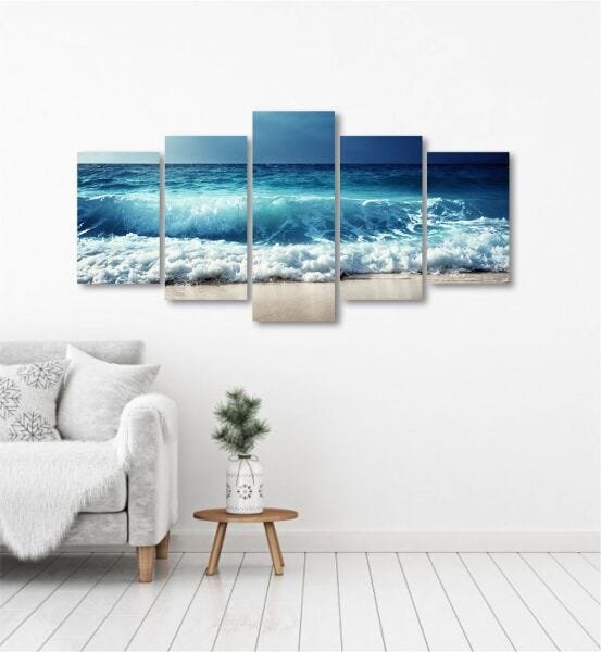 Quadro Grande 5 peças Mosaico Mar Ondas Água Oceano Natureza Areia 01