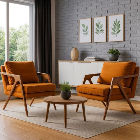 Kit 2 Poltronas Decorativas Mona Pés de Madeira e Linho Premium:terracota