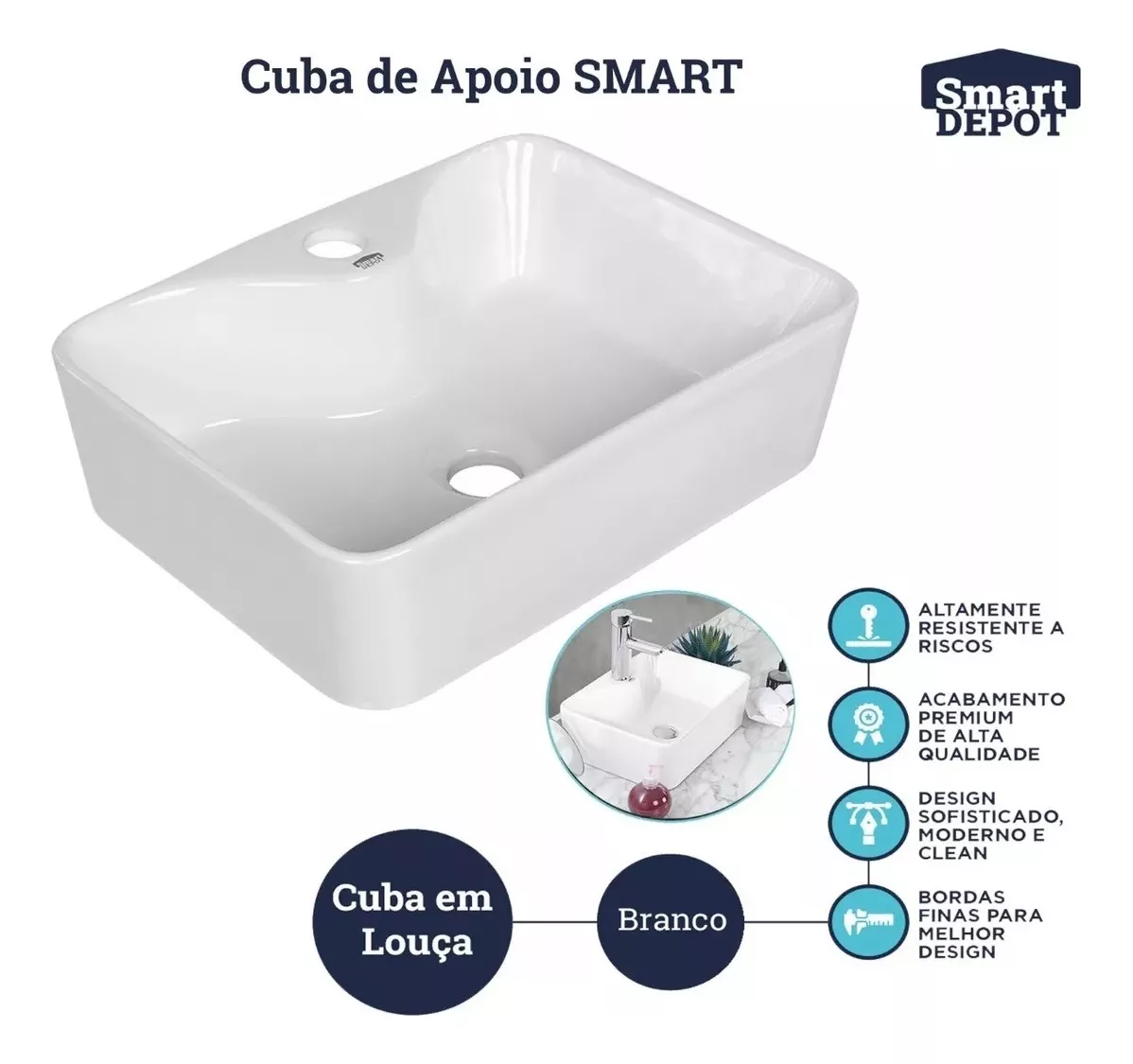 Cuba Pia de Apoio Sobrepor Banheiro Lavabo Lavatorio Minimalista 40x30cm Smart Depot - 3