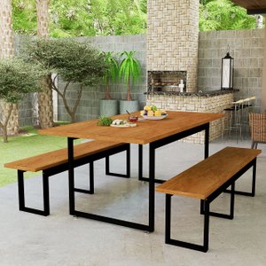 Conjunto de Mesa Retangular com 2 Bancos Base de Ferro Estilo Industrial:nature