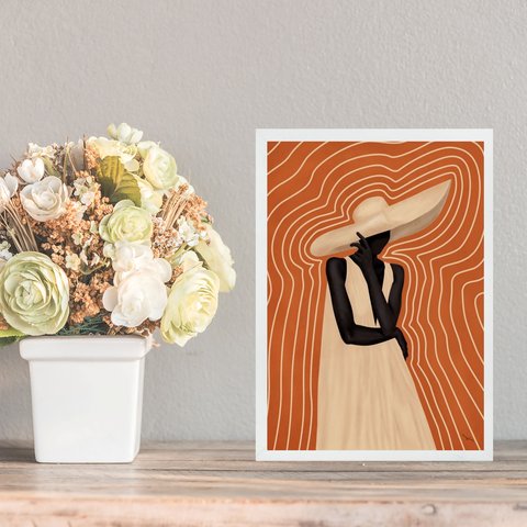 Quadro Mulher Negra Boho Fundo Terracota 45x34cm - com Vidro:moldura Preta