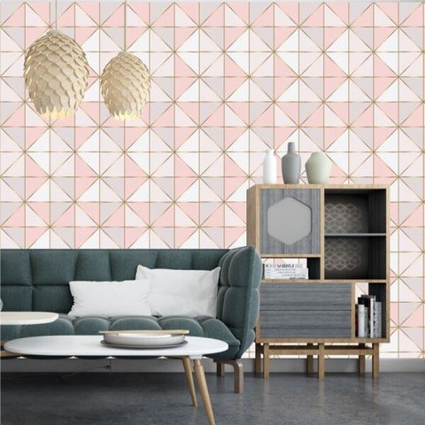 Papel De Parede Rosa Branco e Cinza Lavável Para Sala Diamond
