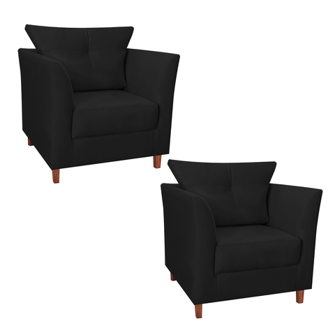 Jogo 02 Poltrona Estofada Com Almofada Isis Recepção Consultório Suede Preto - LM DECOR