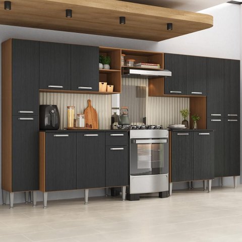 Armário Cozinha Modulada Completa 329,5cm Pequim Top Multimóveis Mp3767 Madeirado/preto