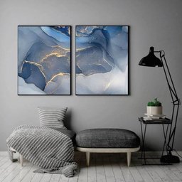 Conjunto Kit 2 Quadros Decorativos Sala Quarto Abstrato Azul e Cinza Hematita Grande - 1