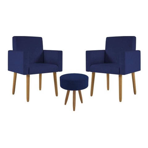 Kit 2 Poltronas Decorativa Sala Nina com Puff Balaqui Decor Cor:azul Marinho