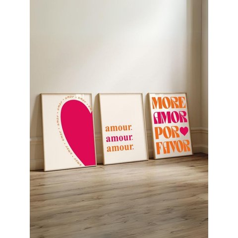Kit 3 Quadros Decorativos More Amor Rosa e Laranja Moderno