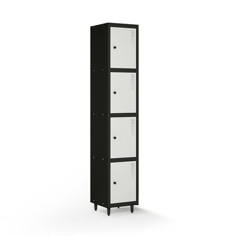 Armário Roupeiro Locker Guarda-Volume de Aço 4 Portas Pequenas com Fecho para Cadeado Vestiário Academia Cinza/Preto