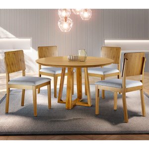 Conjunto Sala de Jantar Vitoria 4 Lugares Mesa Redonda 1,2m e 4 Cadeiras Madeira Maciça Móveis Mundi