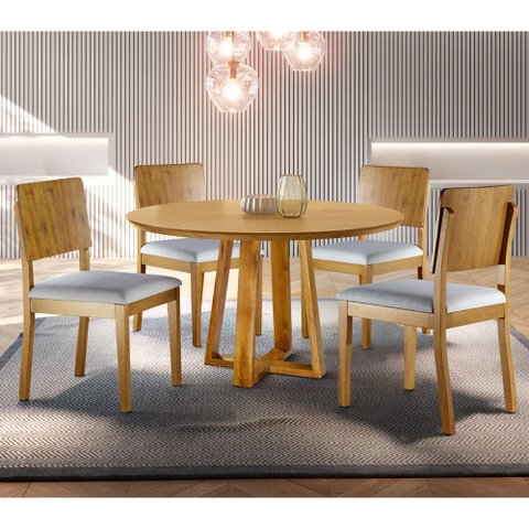 Conjunto Sala de Jantar Vitoria 4 Lugares Mesa Redonda 1,2m e 4 Cadeiras Madeira Maciça Móveis Mundi