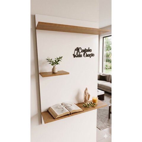 Cantinho da Oração 90x60 Oratório de Parede Católico com Prateleiras e Acessórios 3D