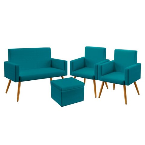 Kit Poltrona Namoradeira e 2 Poltronas Vega com Puff Quasar Suede Azul Turquesa Aradecor