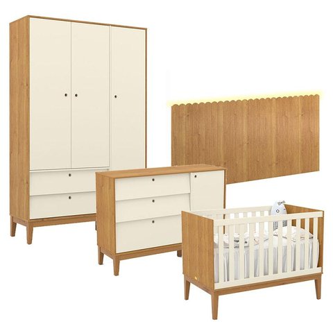 Quarto de Bebê Unique 3 Portas com Cômoda Sapateira e Painel Farm com Led Freijó Off White Eco Wood 