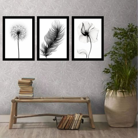 Kit 3 Quadros Minimalistas Flores e penas 33x24cm:madeira Preta