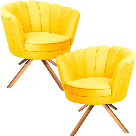 Kit Duas Poltronas Pétalas Giratórias Ferro e Madeira Amarelo
