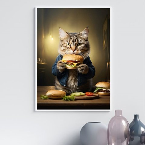 Quadro Cozinha Gato Comendo Hamburguer 45x34cm:moldura Branca