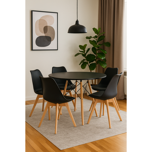 Conjunto Eiffel Wood Mesa 110cm Redonda com 05 Lugares Cadeira Leda Estofada Cozinha Sala Jantar